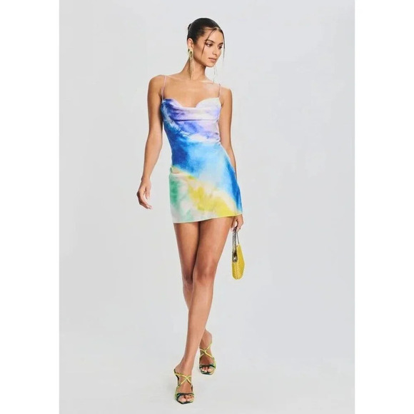 Retrofete Rylynn Silk Drape Mini Dress S in Watercolor Wave NWT $425 - Picture 5 of 12